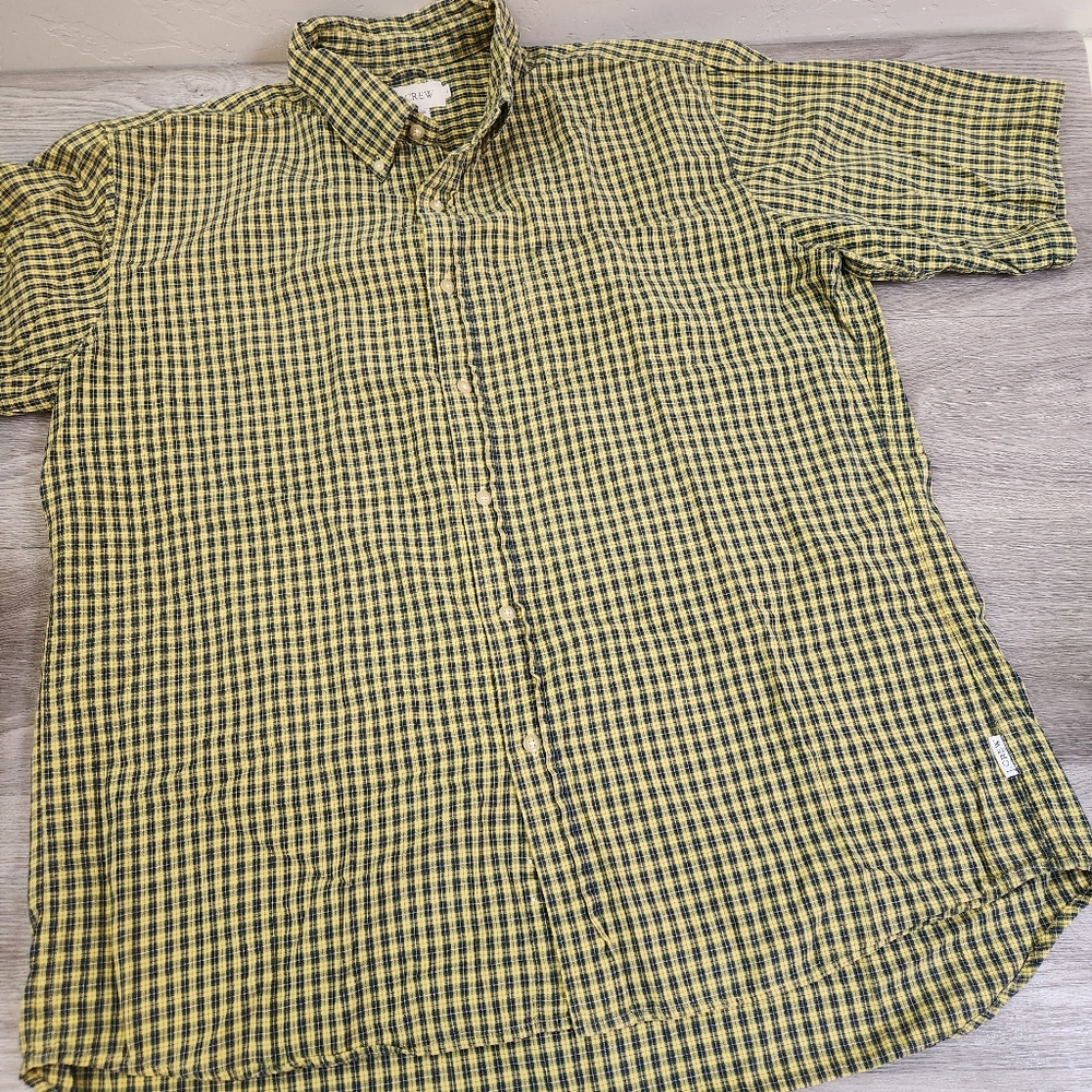 J Crew Yellow Blue Shirt Size L Plaid Checkered Button Down Front Pocket Checker